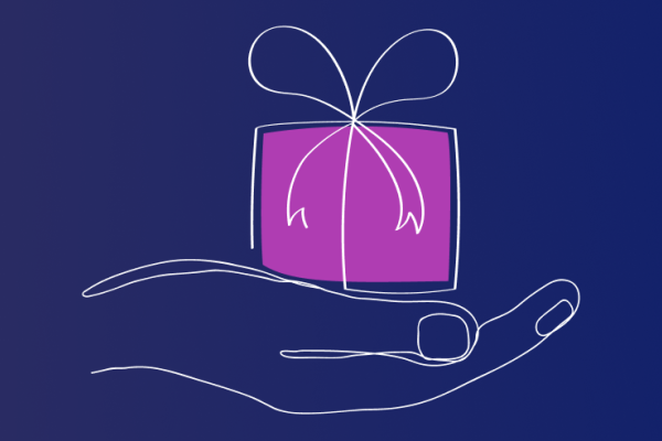 Dessin d’une main tenant un petit cadeau violet
