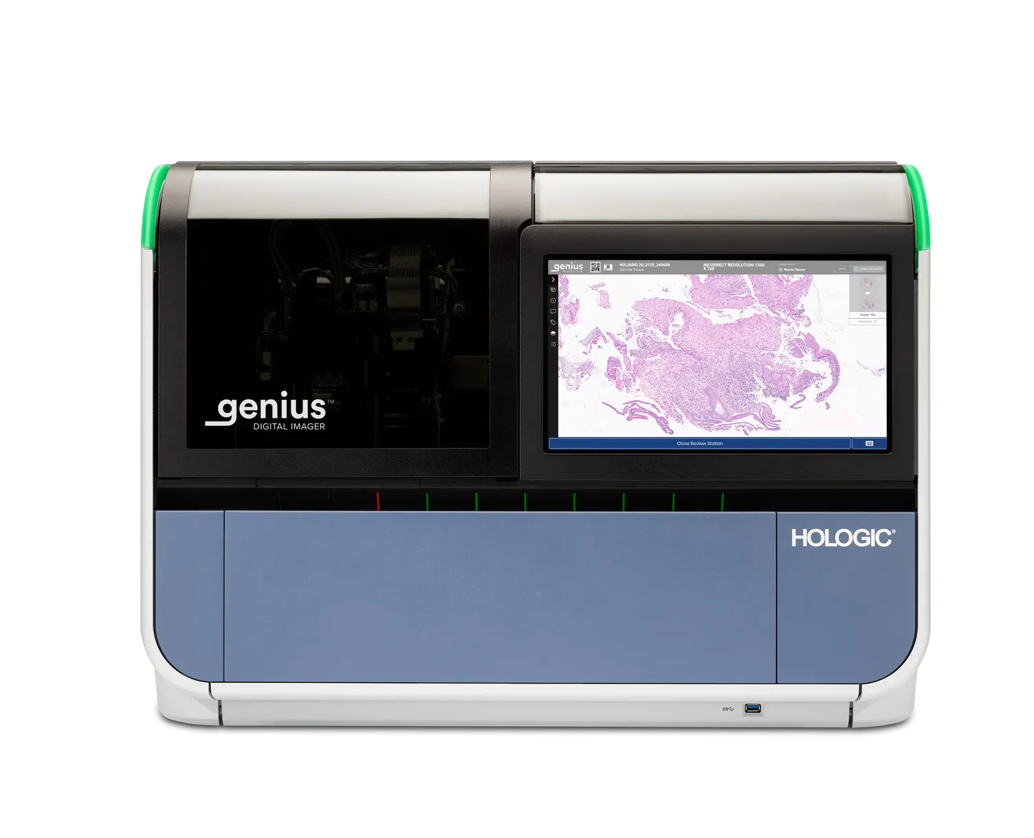 Genius Digital Imager sur fond blanc avec une image histologique affichée à l’écran
