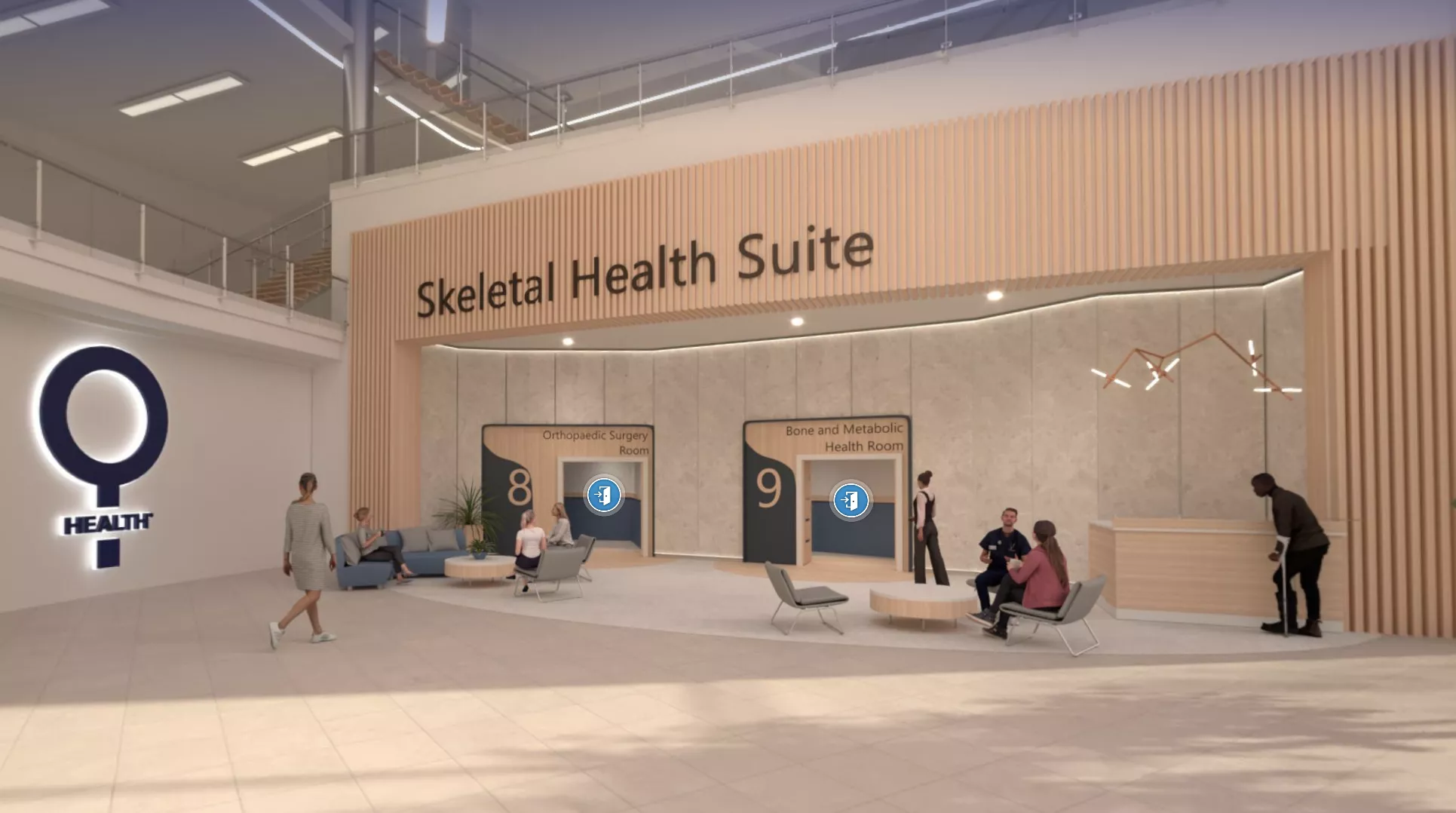 Image de l’intérieur d’un hôpital virtuel montrant un service de santé osseuse